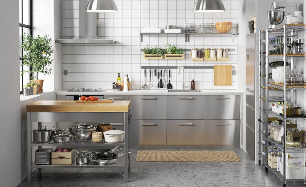 Graue IKEA-Küche in Edelstahl-Optik.