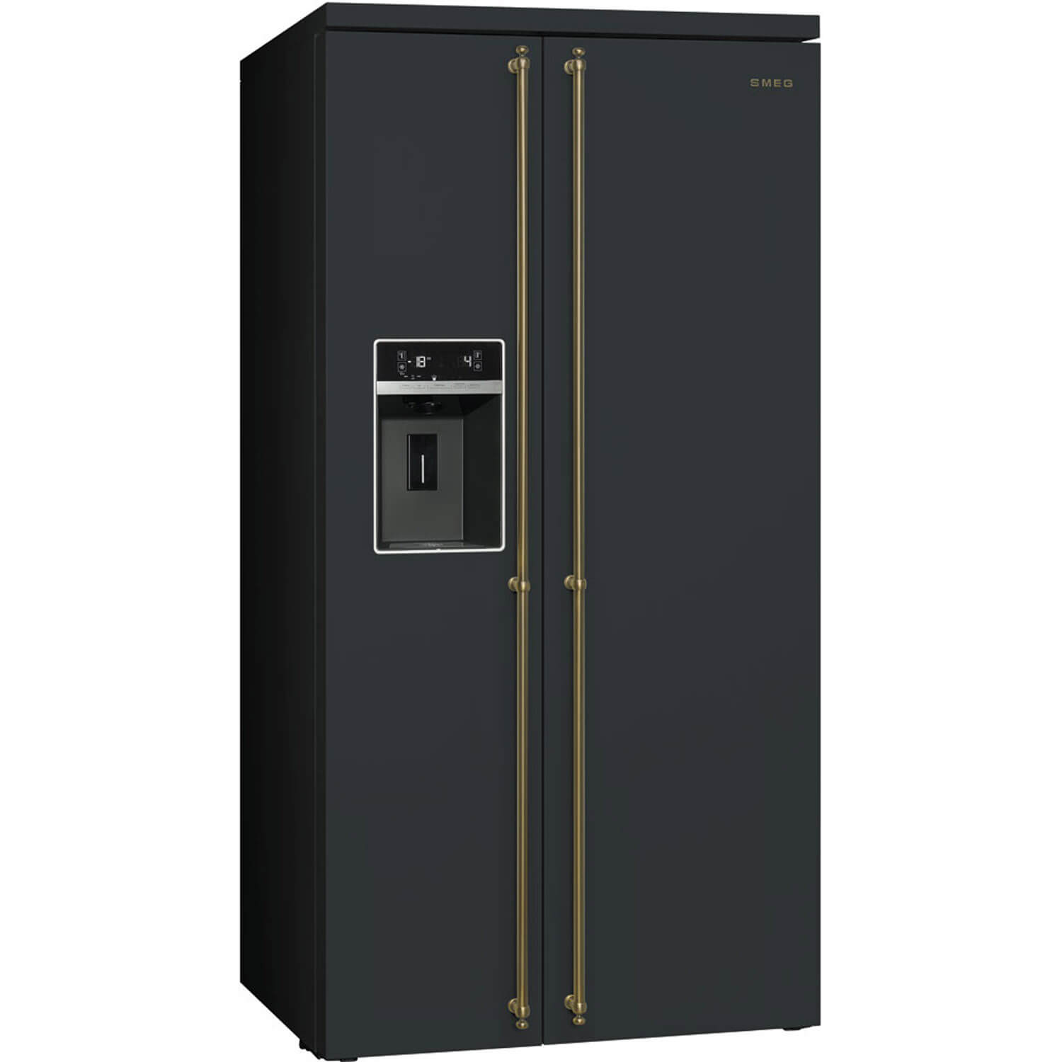 Smeg Side-by-Side Kühlschrank in Schwarz mit goldenen Griffstangen. Foto: Smeg