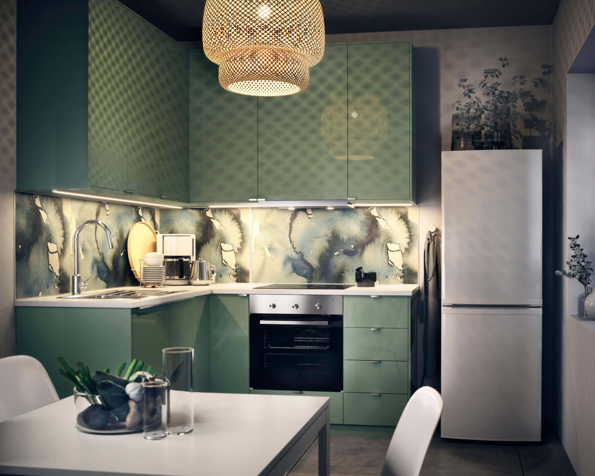 Kleine Küche in L-Form mit mintfarbenen Fronten; Foto: Inter IKEA Systems B.V.