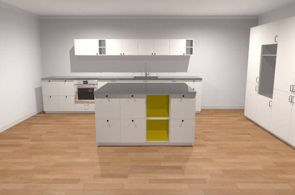 Vorlage für weiße Landhausküche mit Insel und Hochschränken; Foto: IKEA