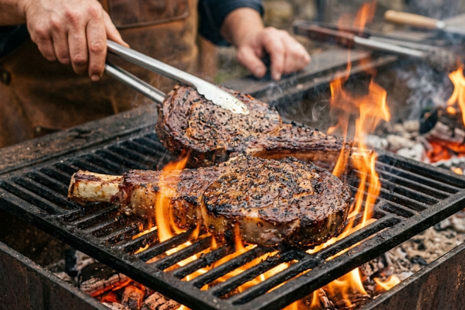 Zwei dicke Steaks werden auf einem offenen Grill über Flammen gegrillt