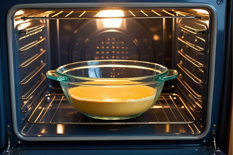 Glasschüssel gefüllt mit Teig in einem eingeschalteten Backofen. Quelle: Bild generiert mit Canva AI (Magic Media)