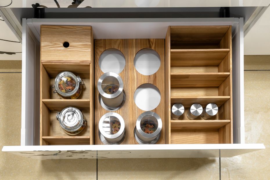 Offene Schublade mit Organzier für die Küche aus Holz. Darin integiert sind Gewürzhalter und Vorrratsdosen. 