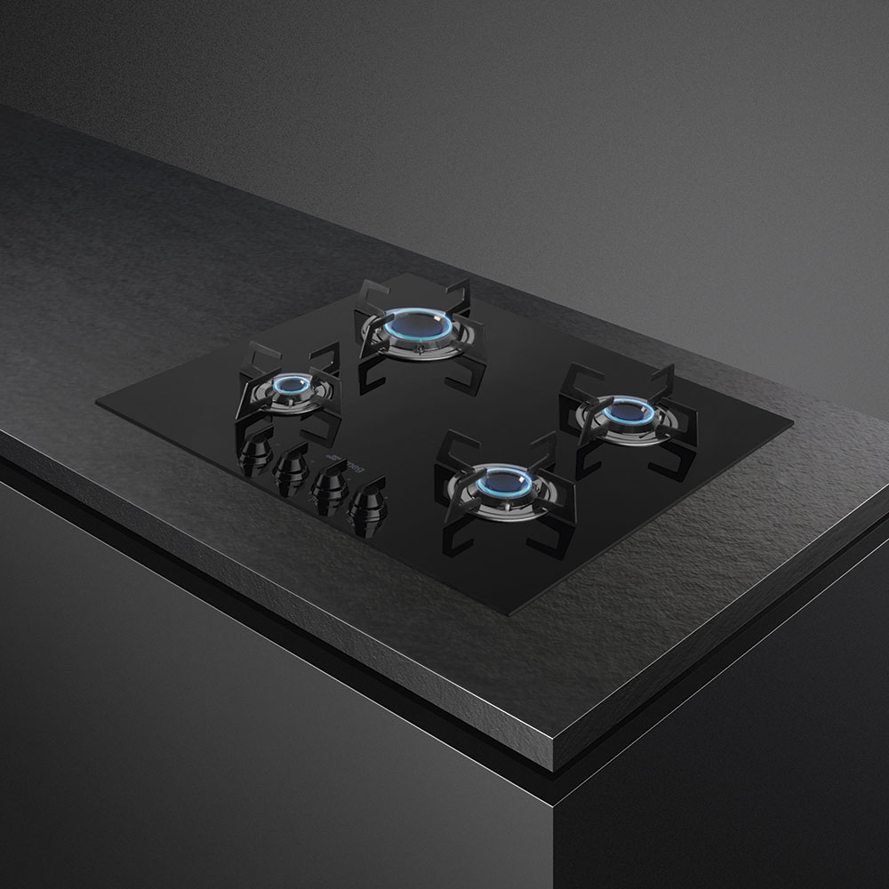 Das Smeg Gas-Kochfeld aus der Linea Designlinie kombiniert modernes Schwarzglas mit präzisen Drehknebeln und kompaktem Layout – ideal für stilvolle, funktionale Küchen. Foto: Smeg