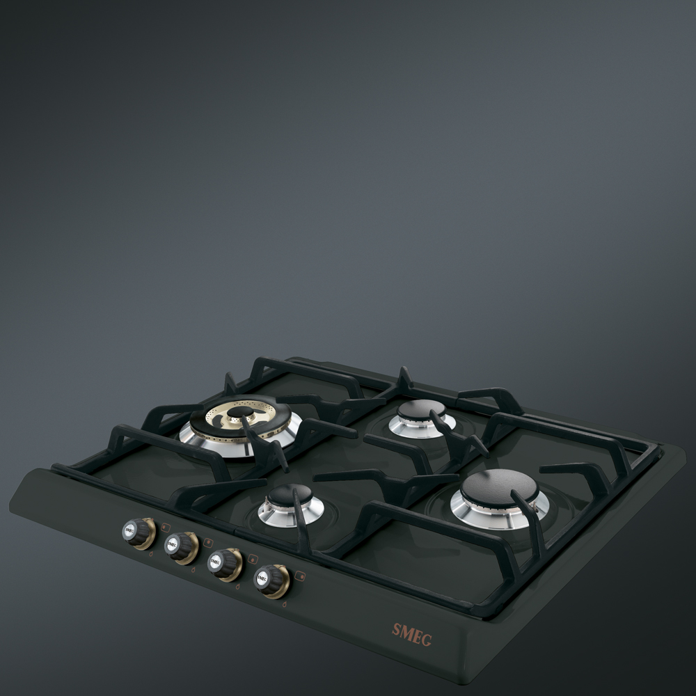 Gas-Kochfeld aus der Cortina Linie vereinen nostalgisches Design mit hochwertigen Materialien – perfekt für Küchen mit rustikalem Charme. Foto: Smeg
