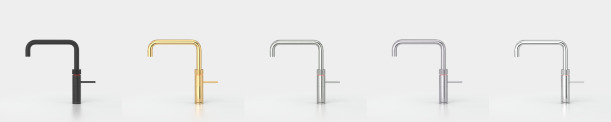 Fünf Quooker Fusion Square Wasserhähne in Schwarz, Gold, RVS, Edelstahl und Chrom – kantiges Design mit Kochendwasserfunktion für moderne Küchen.