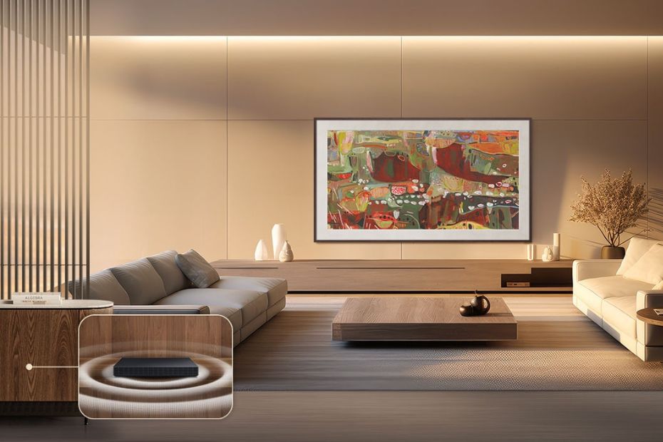 Samsung The Frame Fernseher mit flacher Wandmontage und kabelfreier Installation, unauffällig in die Küchenplanung integriert