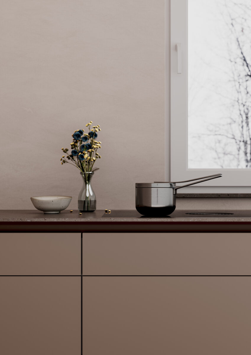 Küche in Taupe mit matter Oberfläche und dunkler Arbeitsplatte