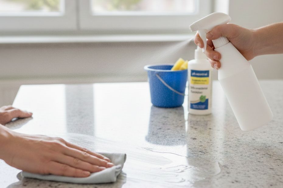 Reinigung einer Steinarbeitsplatte mit Sprühflasche und Tuch vor der Versiegelung