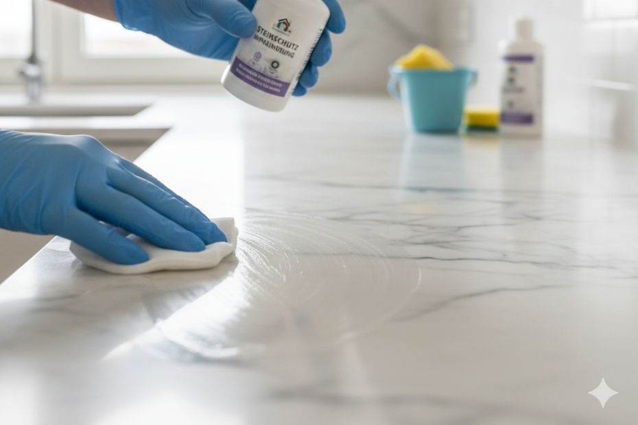 Person trägt mit Tuch und Handschuhen Imprägnierung auf eine Marmor-Arbeitsplatte auf