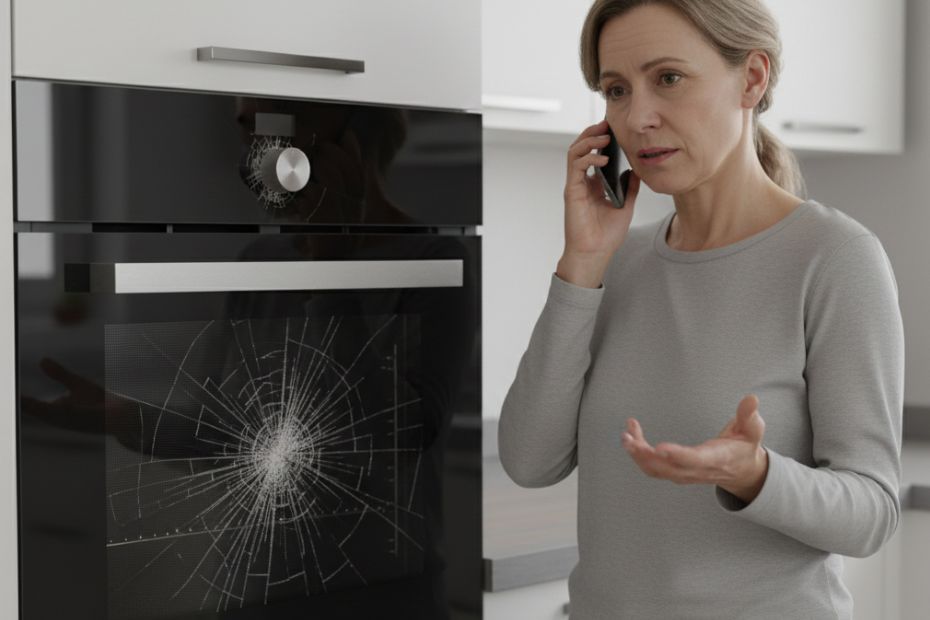 Frau steht vor einem Backofen mit gesprungener Glasfront und spricht besorgt am Telefon mit dem Kundendienst.
