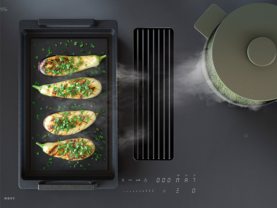 Nahaufnahme eines matten Induktionskochfelds, klarer Fokus auf Glasoberfläche, keine Arbeitsplatte im Bild. Betont das matte Finish und die Lichtreflexionsfreiheit.