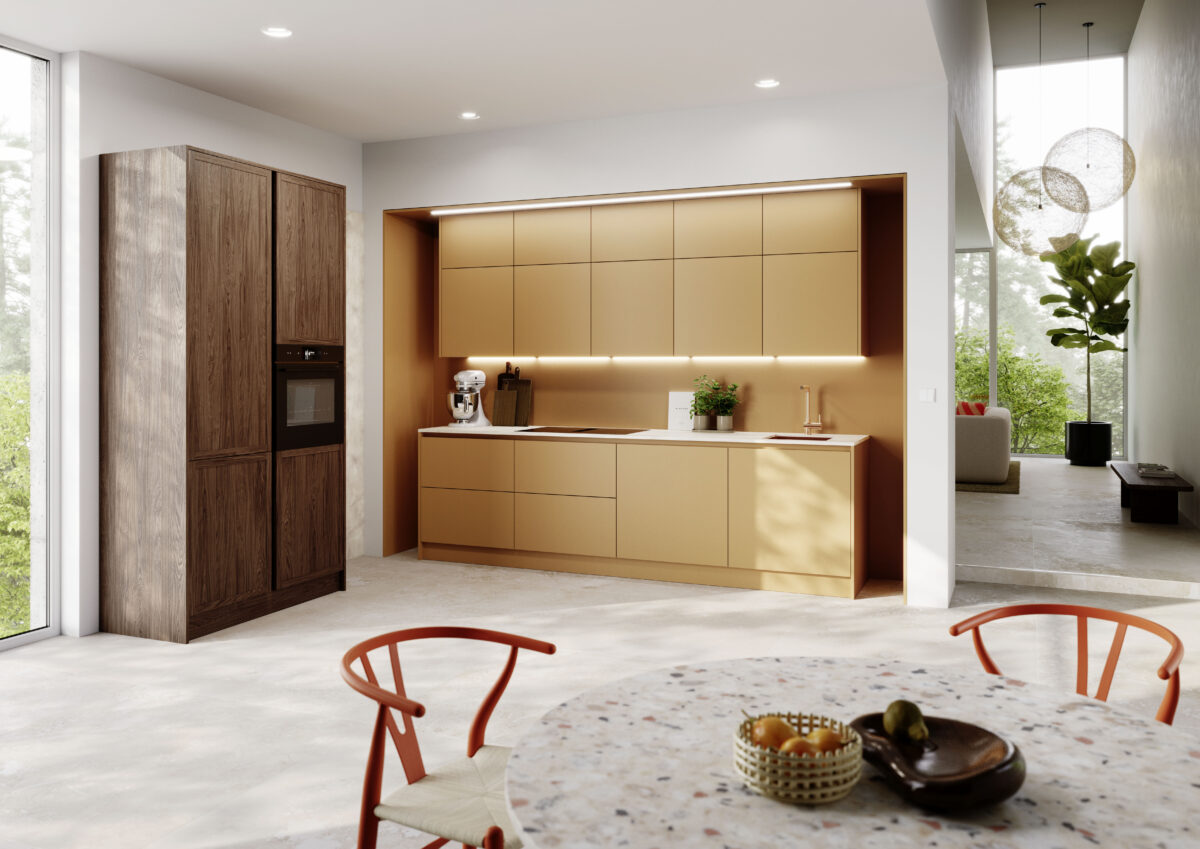 Terracottafarbene Rotpunkt Küche mit Holzelementen und klarer Formensprache.