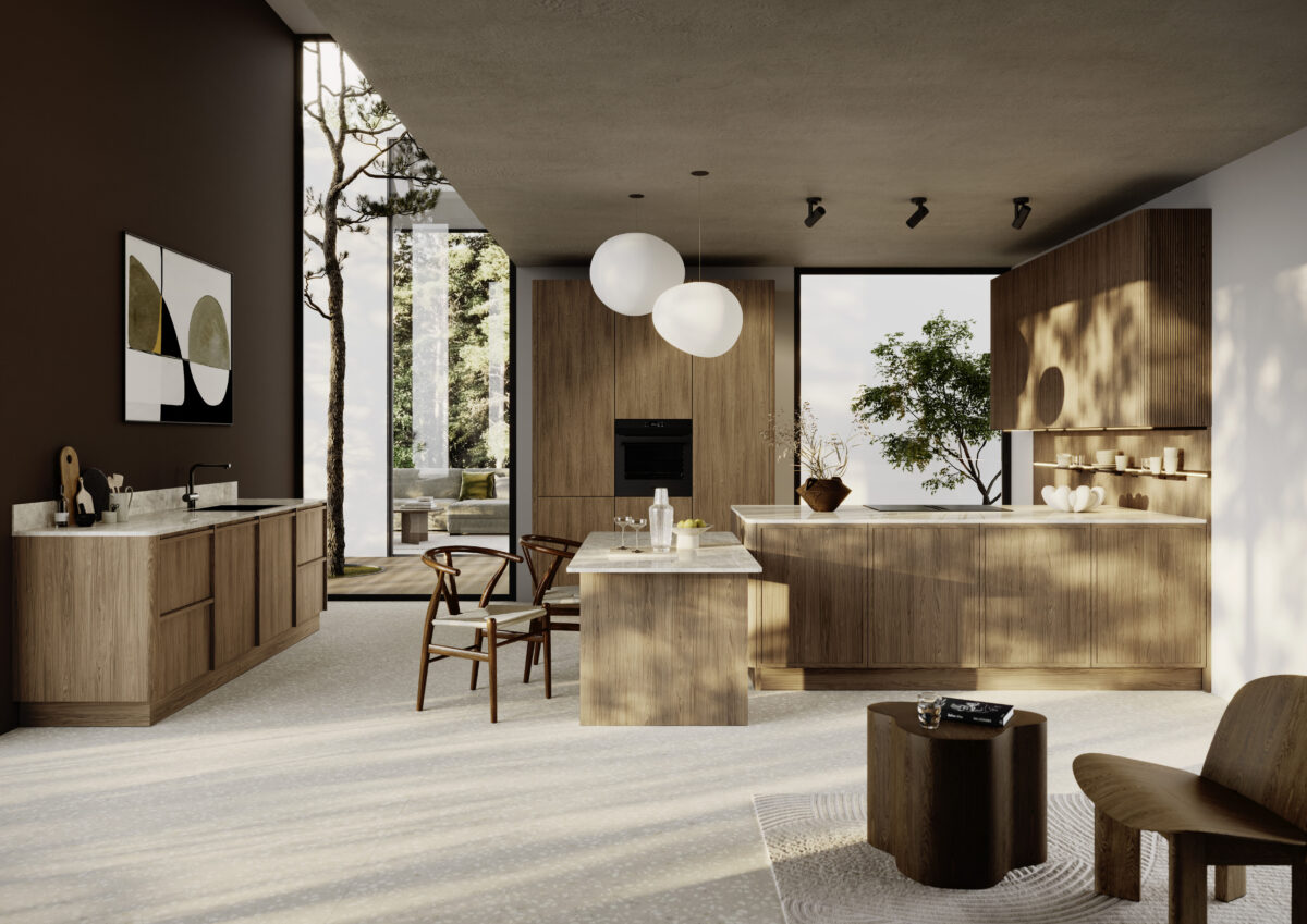 Rotpunkt Küche mit Holzfronten, Kochinsel und natürlichem Licht - Fokus auf robusten Materialien und langlebiger Verarbeitung.