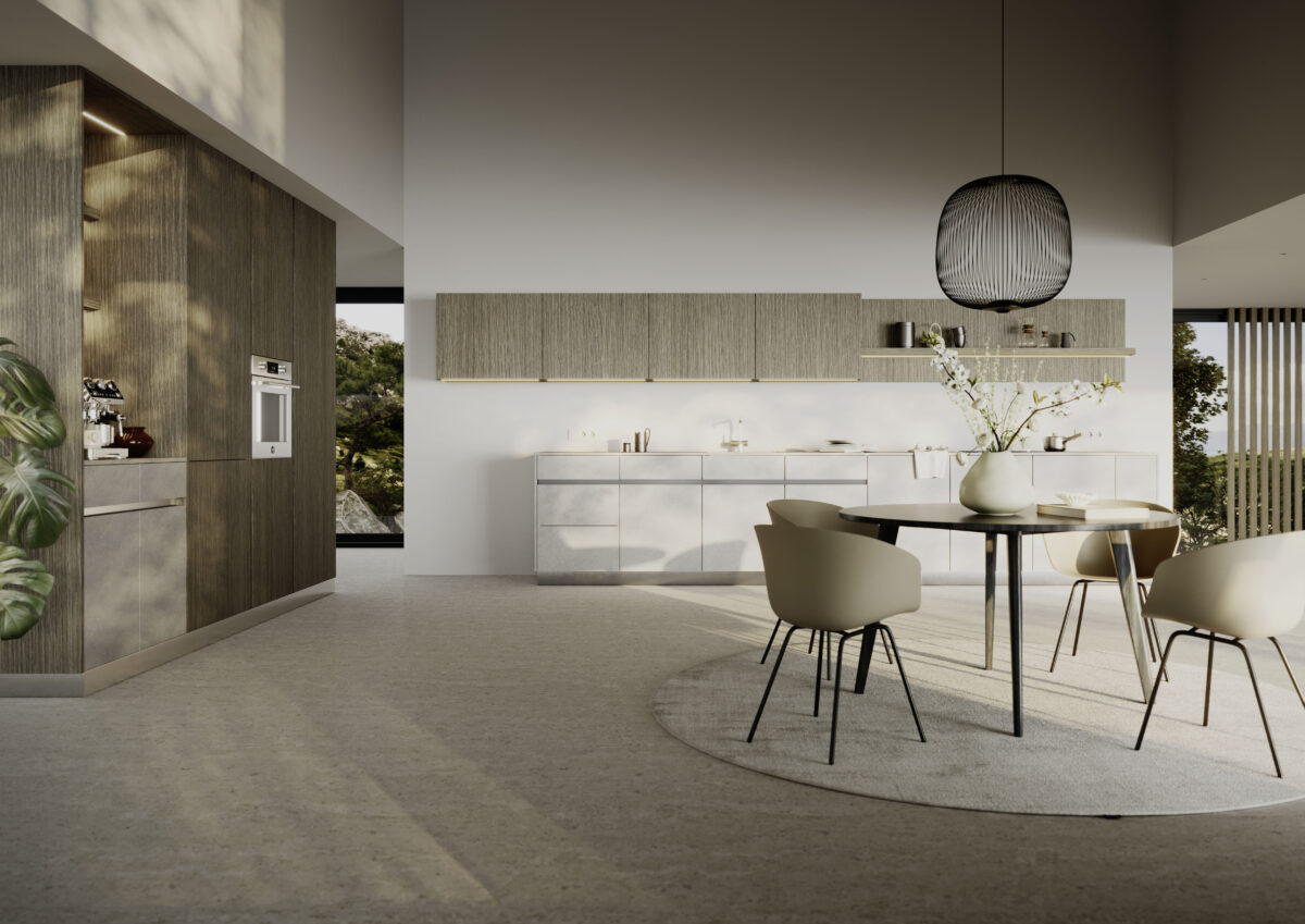Moderne Rotpunkt Küche mit strukturierten Holzfronten und harmonischem Licht – ideal für pflegeleichte matte Oberflächen wie Fenix.