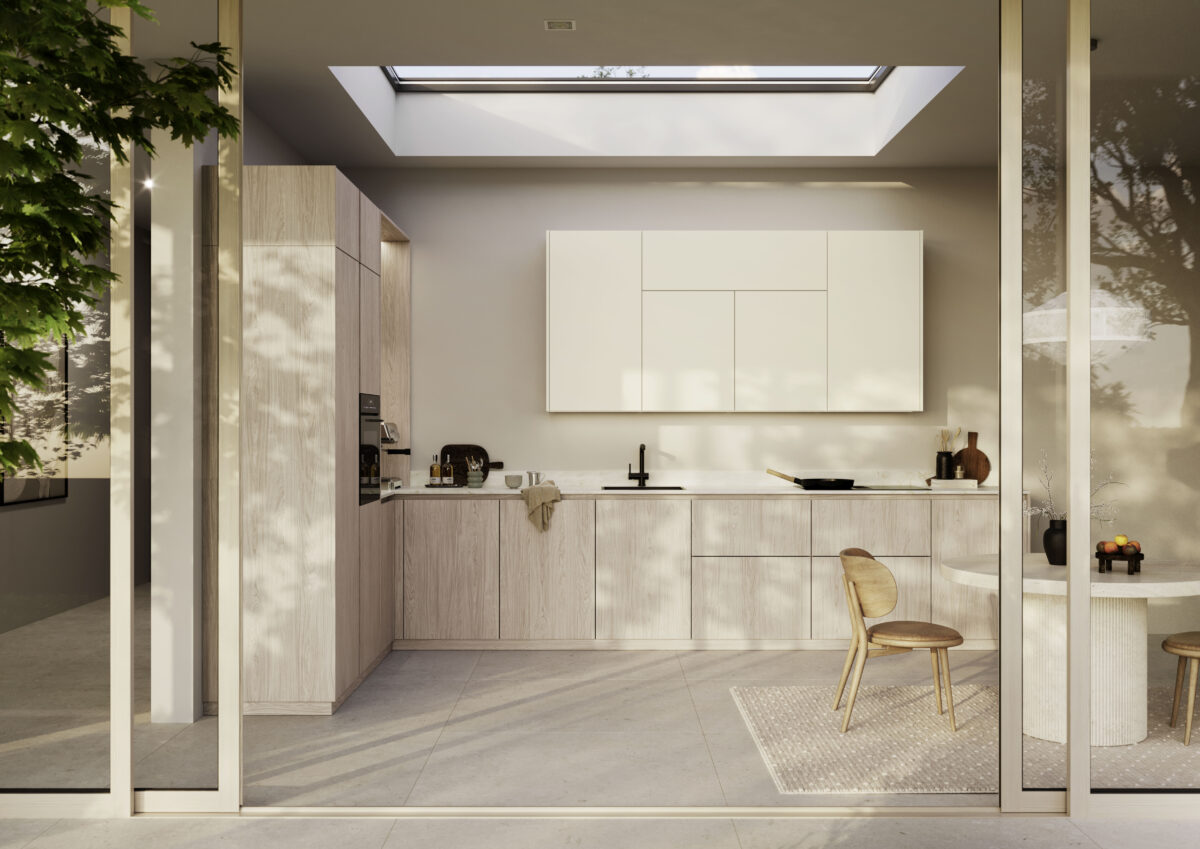 Helle nachhaltige Rotpunkt Küche mit großen Glasflächen und Naturholz