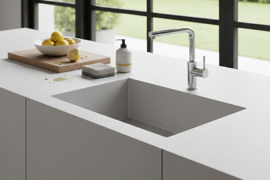 Weiße Keramikspüle mit eckigem Becken, direkt aus der Arbeitsplatte gefräst, mit Armatur und minimalistischem Küchendesign