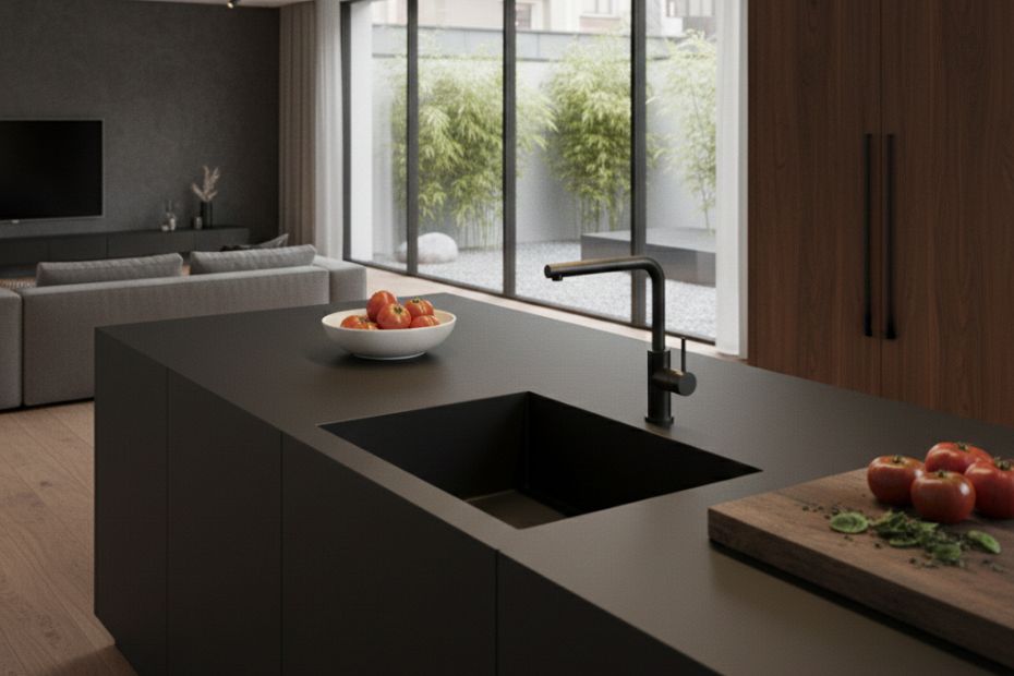 Schwarze Keramikspüle mit eckigem Becken in dunkler Kücheninsel, nahtlos in die Arbeitsplatte integriert