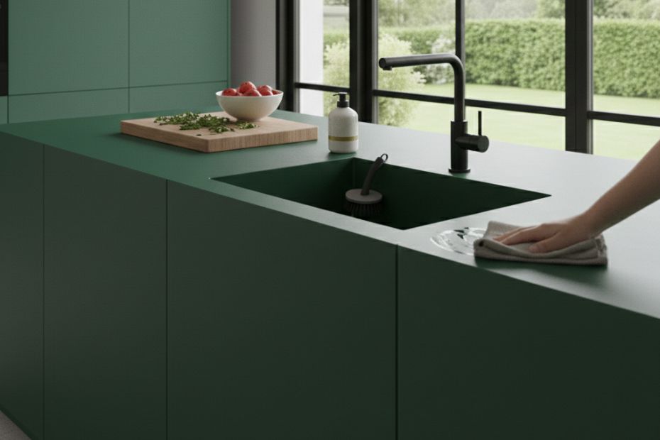 Grüne Küche mit eckiger Keramikspüle aus der Arbeitsplatte, Reinigung der Oberfläche mit Tuch im Alltag