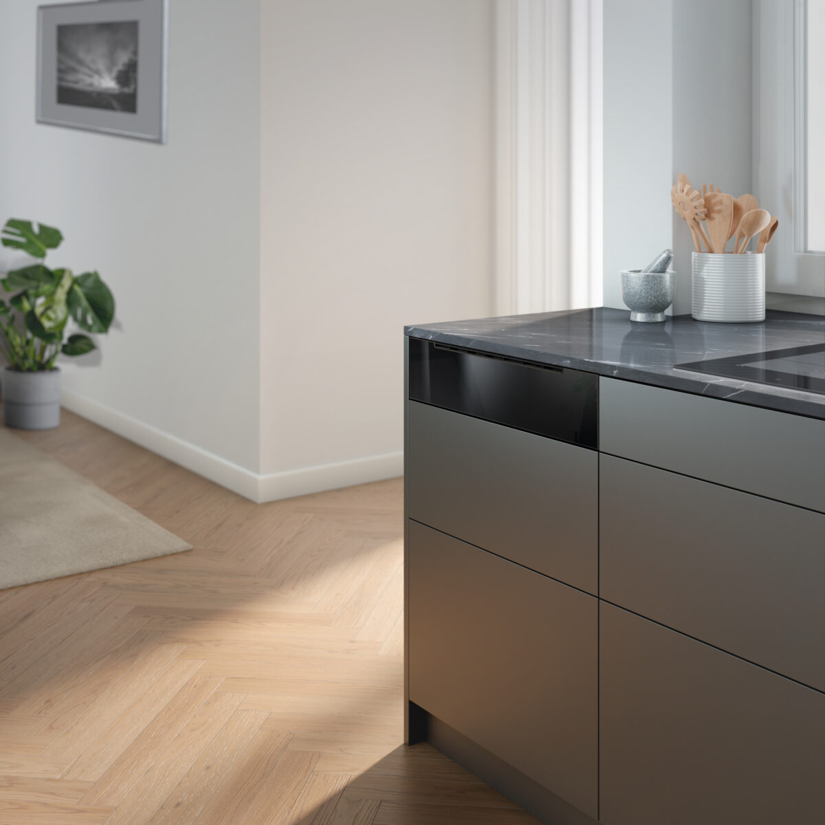 Geschlossene Siemens Dampfschublade eingebaut unter Küchenarbeitsplatte