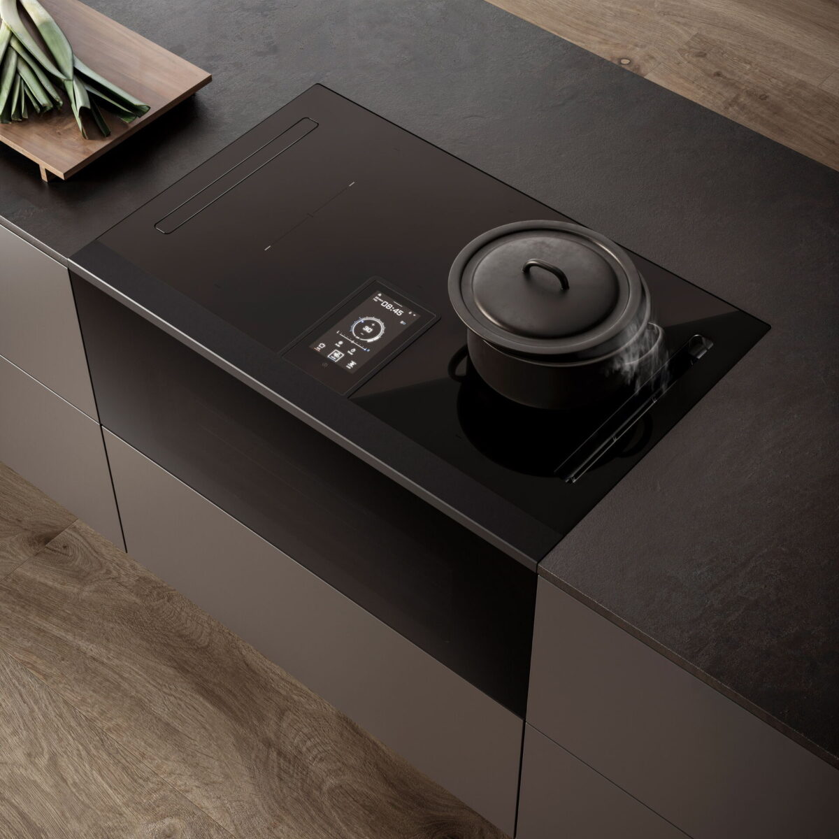 Induktionskochfeld mit integriertem Dunstabzug in Kücheninsel