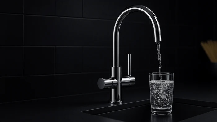 HappyFilter Wasserhahn mit Sprudel gibt gekühltes Sprudelwasser in ein Glas aus