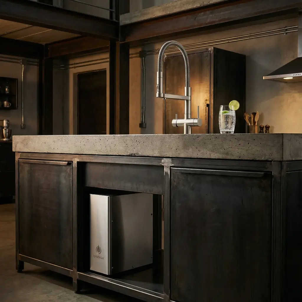 Sprudelux INOX Wassersprudler als Edelstahl-Unter­tischgerät im offenen Spülenschrank einer Industrial-Küche