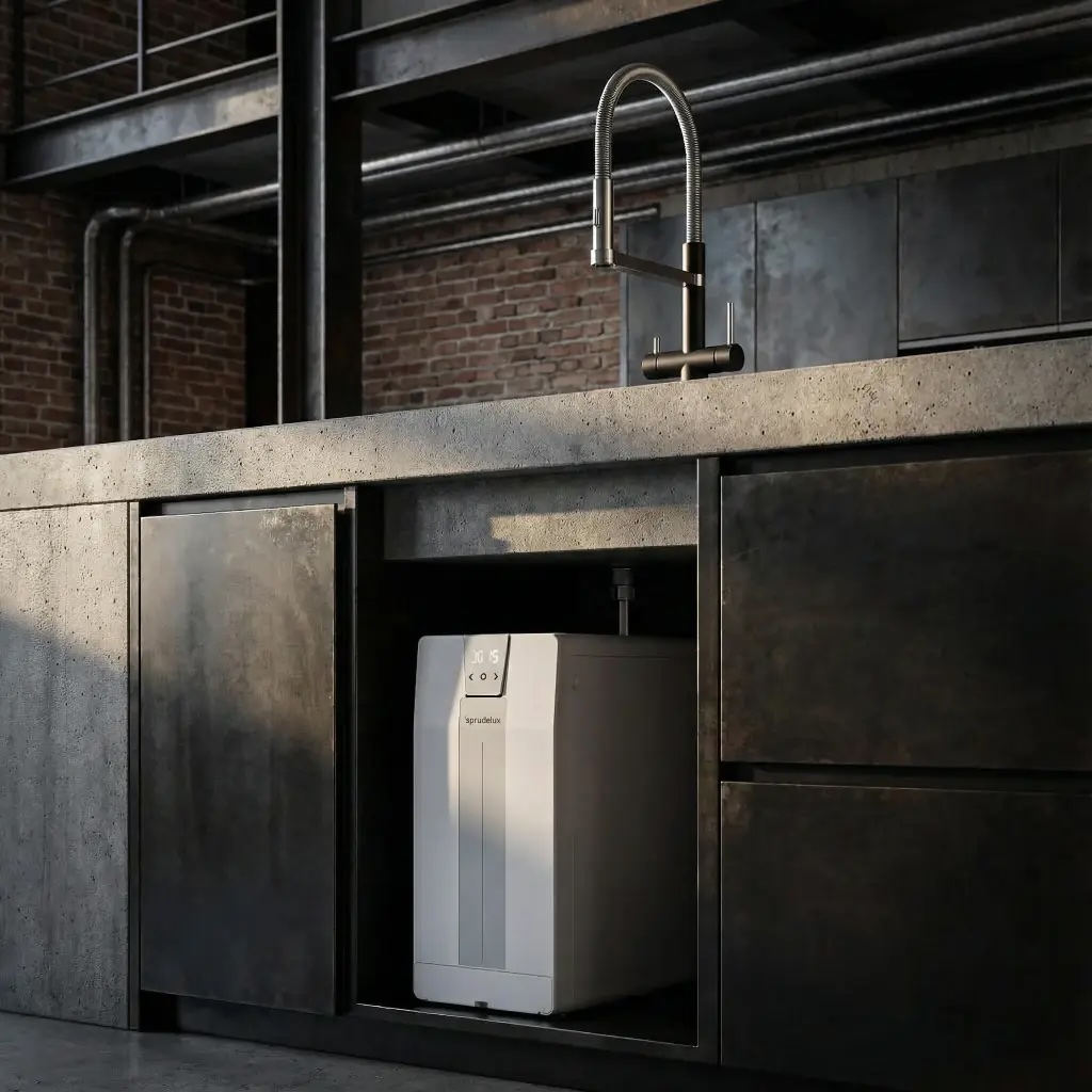 Sprudelux Wassersprudler im geöffneten Spülenschrank einer Landhausküche installiert