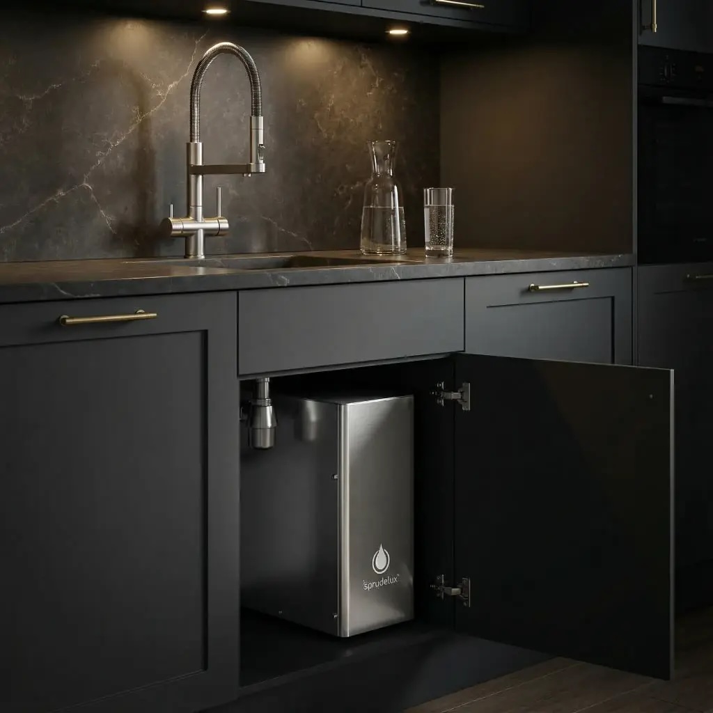 Sprudelux INOX SILENT Untertisch-Wassersprudler mit digitalem Display im Spülenschrank eingebaut