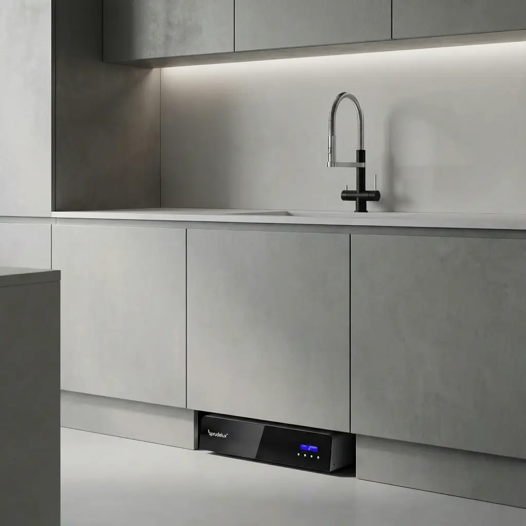 Sprudelux INOX ULTRA FLAT Wassersprudler flach im Sockelbereich einer modernen Küche integriert