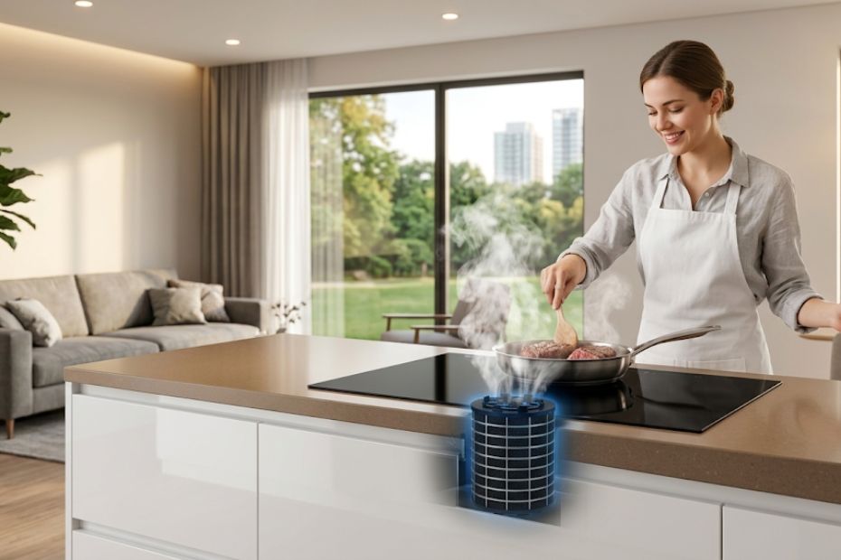 Frau kocht auf moderner Kücheninsel mit Induktionskochfeld und blau leuchtendem Plasmafilter-Modul, Dampf strömt hinein, offener Wohnbereich im Hintergrund