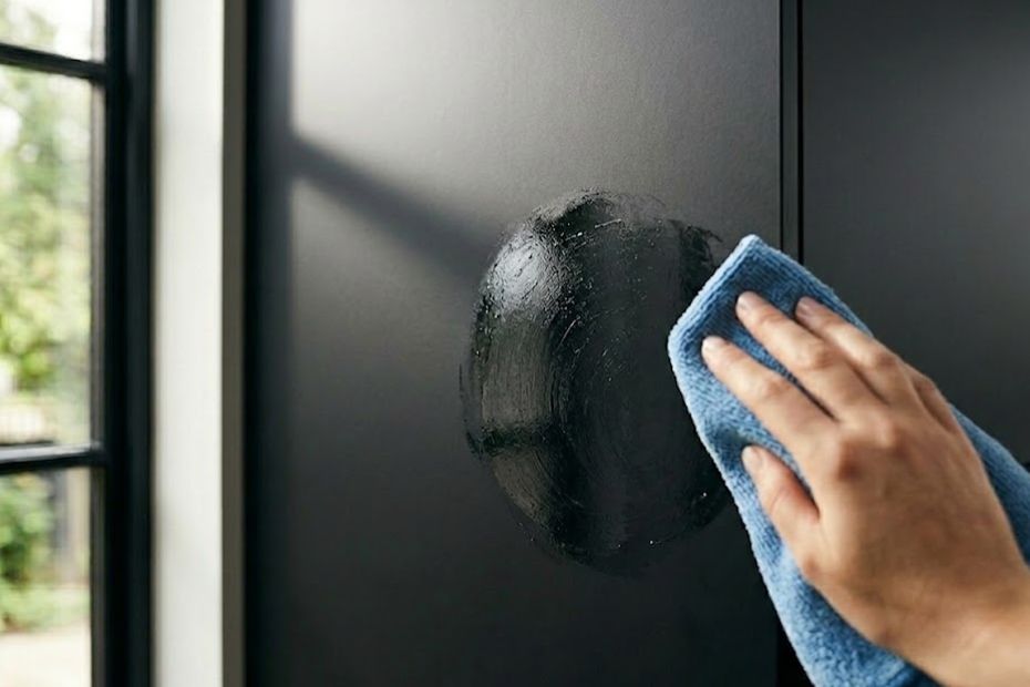Eine Hand hält ein blaues Mikrofasertuch und wischend über eine dunkle, matte Küchenfront, die einen konzentrierten, nassen, dunklen Fettfleck aufweist. Die Front ist leicht nass.