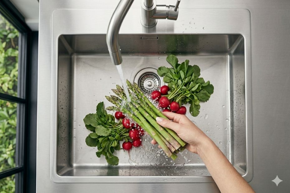 Nahaufnahme einer Edelstahlspüle, in der frisches Gemüse unter fließendem Wasser gewaschen wird; feine, realistische Gebrauchsspuren auf dem Metall sichtbar.