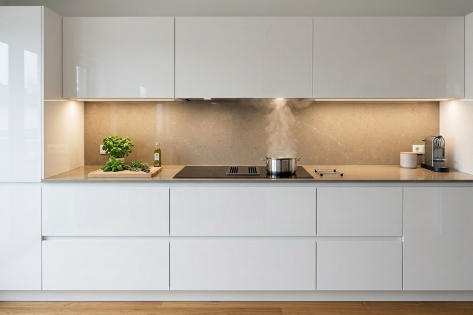 Helle weiße Hochglanz-Küchenzeile mit Induktionskochfeldabzug nach unten, Kochtopf mit Dampf und Hängeschränken direkt darüber