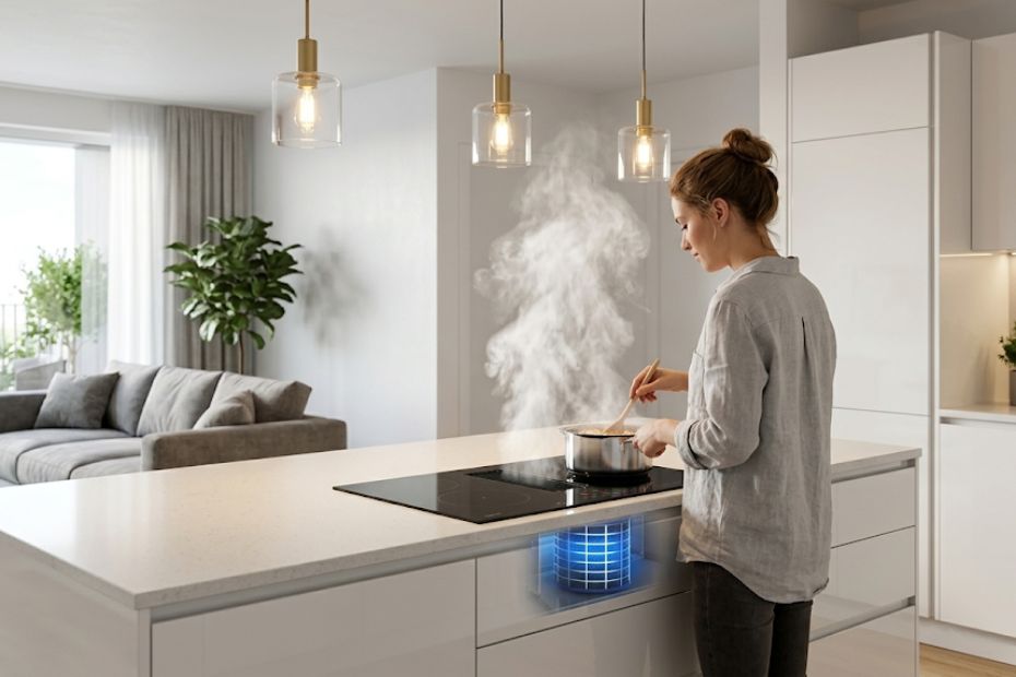 Junge Frau rührt in Topf auf weißer Kücheninsel, Dampfschwaden zu blauem Plasmafilter-Modul, Wohnzimmer mit Sofa und Pflanzen sichtbar