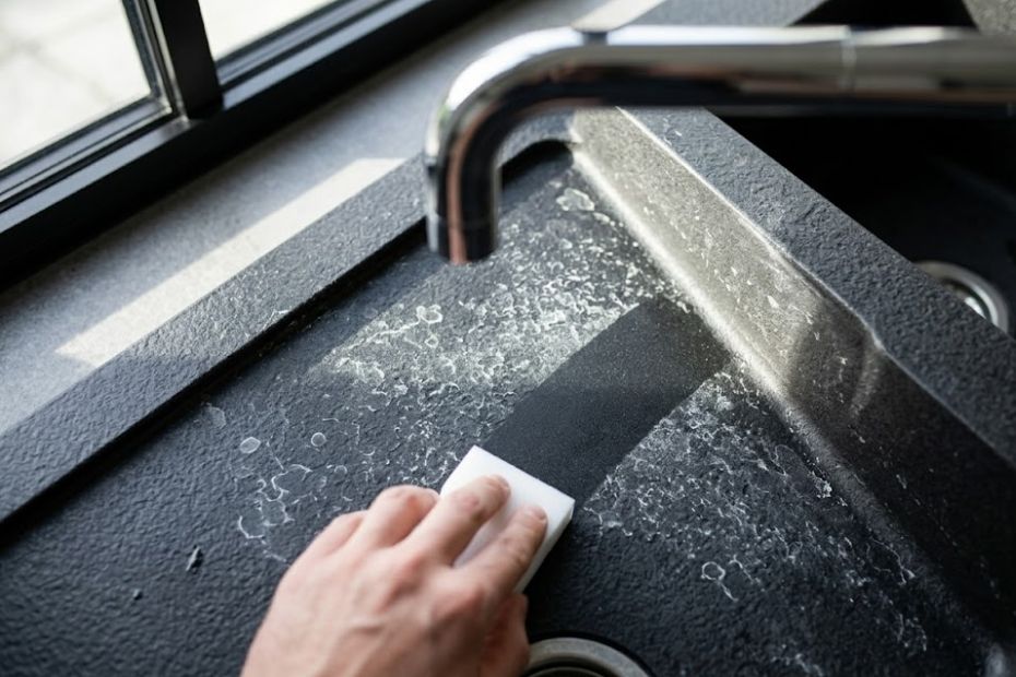 ine Hand hält einen weißen Schmutzradierer und wischt über eine dunkle, steinartige Quarzkomposit-Spüle; ein klarer, sauberer Streifen ist sichtbar im Kontrast zu den verbleibenden weißen Kalkrückständen.