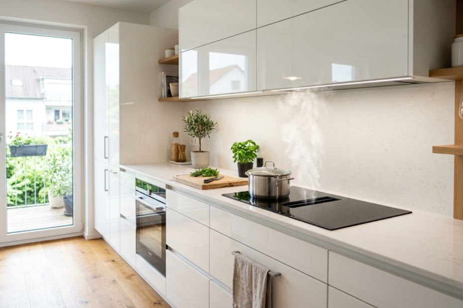 Küchenszene mit kochendem Topf, Dampfschwaden steigend zu weißen Hängeschränken über Induktionskochfeld in moderner Zeile