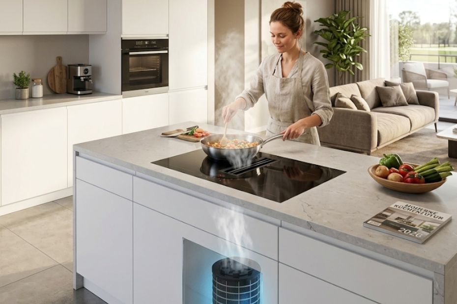 Moderne Küche mit Frau am Induktionskochfeld, Topf mit Dampf über blauem Plasmafilter-Modul in der Arbeitsplatte, Stadtblick und Sofa im Hintergrund