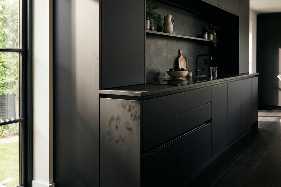 Weitwinkel-Foto einer modernen, handlelosen Küche mit matten, dunklen Fronten, die im natürlichen Sonnenlicht deutliche Fingerabdrücke und Schmutzflecken auf einer Schranktür zeigt.