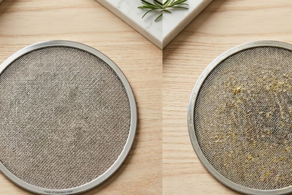 „Edelstahl-Fettfilter eines Muldenlüfters: Links neu und sauber, rechts nach intensiver Nutzung leicht verschmutzt.