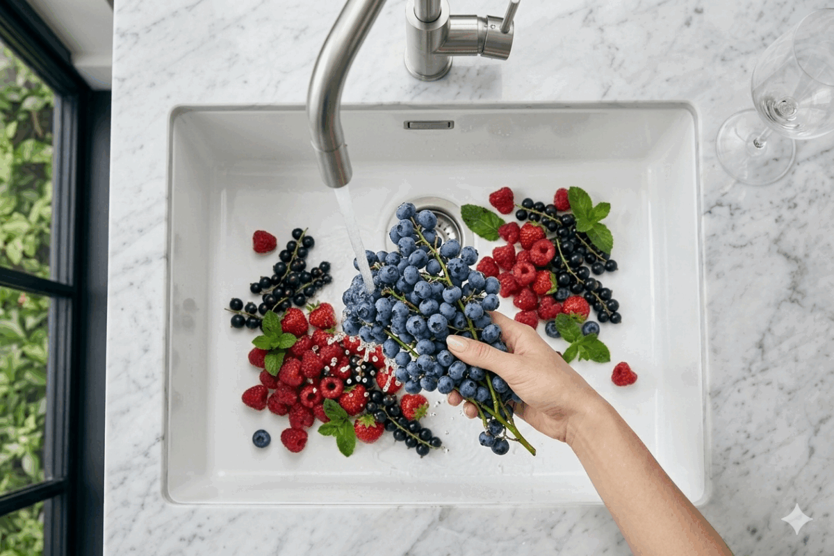 Weiße Keramikspüle in Marmor-Arbeitsplatte mit frischen Beeren unter fließendem Wasser.