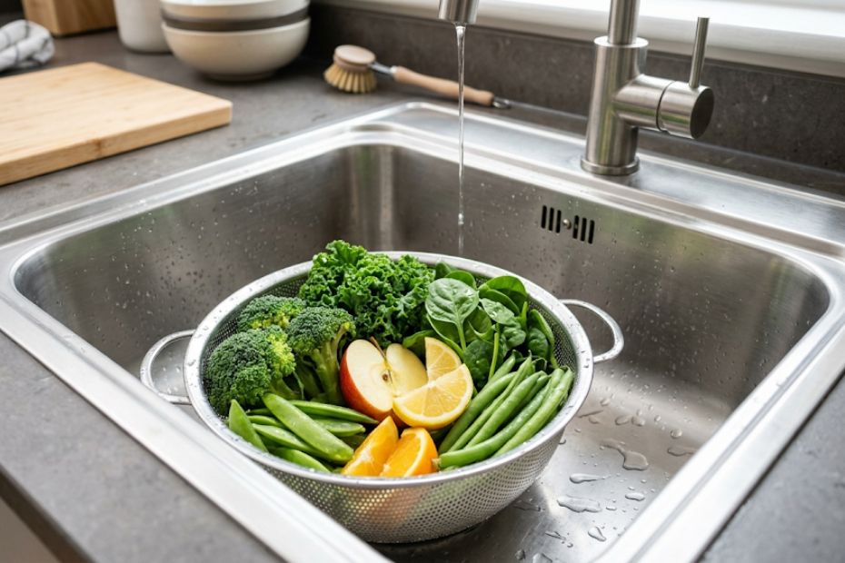 Ein Edelstahlsieb mit frischem Gemüse und Früchten steht in einer sauber geputzten Edelstahlspüle, darüber läuft Wasser.