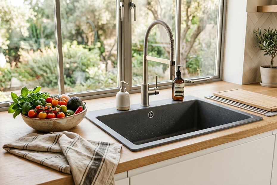 Dunkle Spüle in heller Holzarbeitsplatte vor einem Fenster mit Gartenblick.
