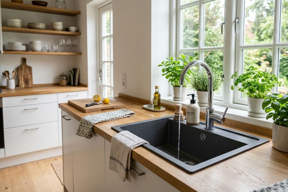 Eine moderne dunkle Quarzkomposit-Spüle eingebaut in eine Holz-Arbeitsplatte in einer hellen Küche