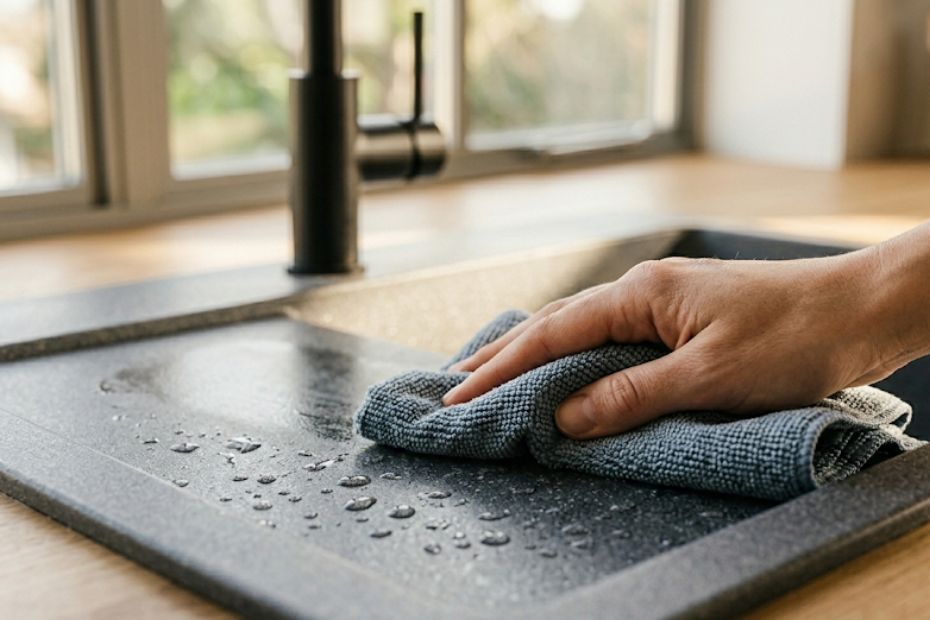 Hand trocknet eine dunkle Quarzkomposit-Spüle mit einem blauen Tuch.