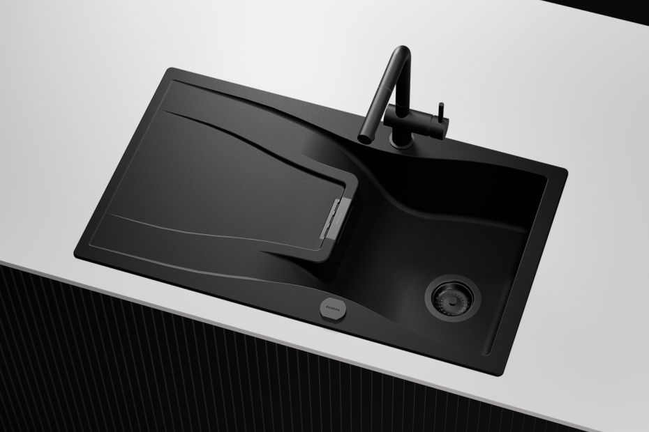 Schwarze Schock Cristadur Spüle in der Draufsicht.