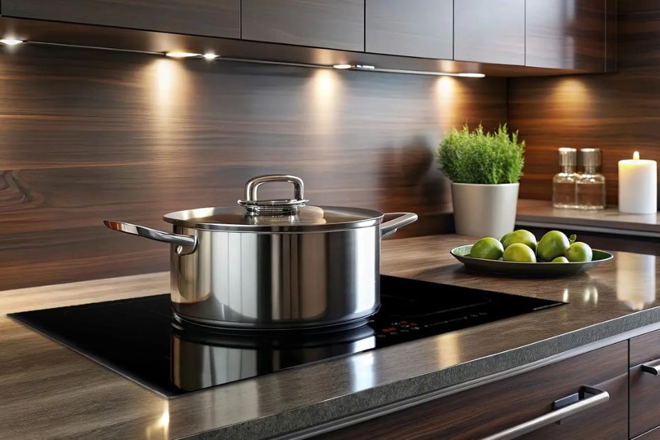 Modernes flächenbündiges Induktionskochfeld von Midea mit integriertem Dunstabzug in einer dunklen Holzküche.