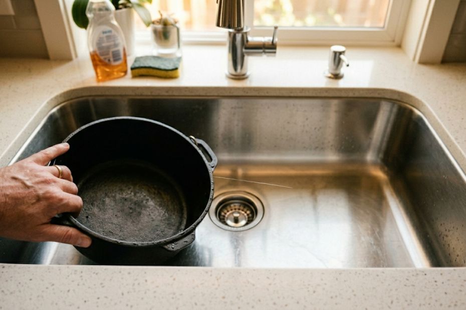 Hand hält einen schwarzen Topf in eine Edelstahlspüle mit sichtbaren Gebrauchsspuren