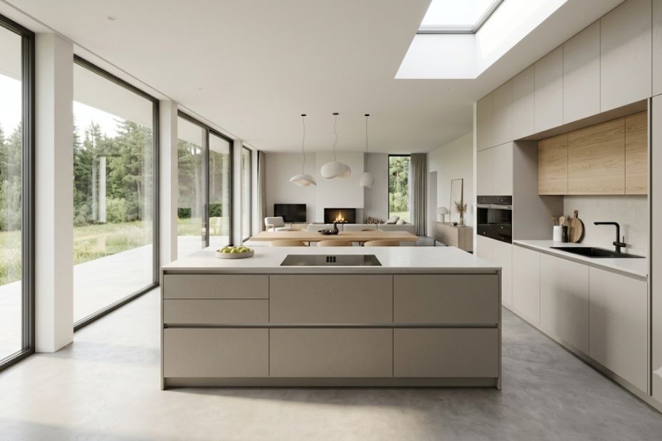 Offene moderne Wohnküche mit großer Kücheninsel, hellen Fronten und Holzdetails