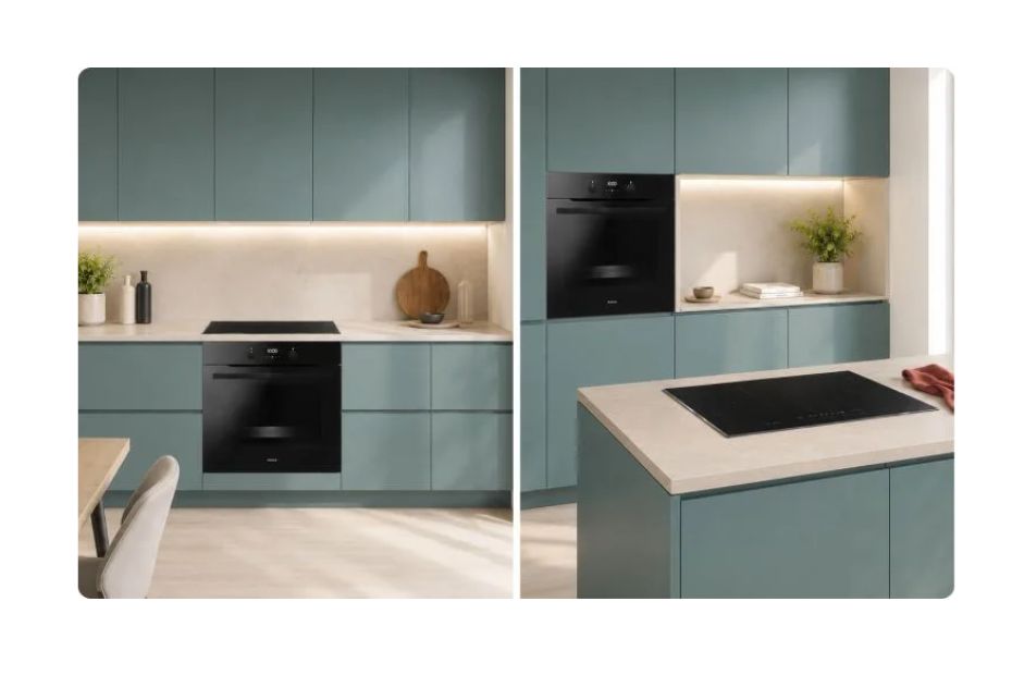 Moderne Küche mit Amica Backofen, Kochfeld und türkisfarbenen Küchenfronten